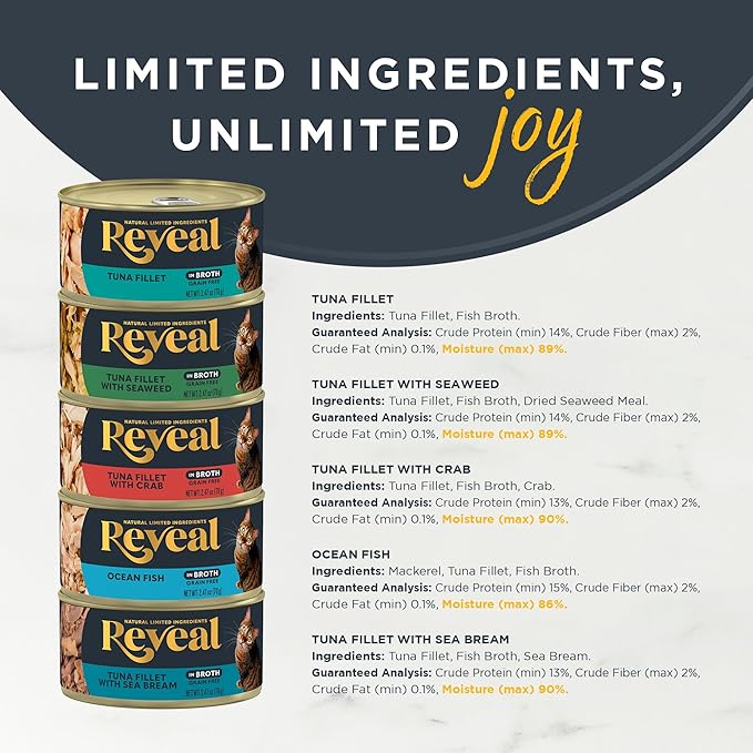 Reveal Natural Wet Canned Cat Food, Limited Ingredient, Grain Free, High Protein with No Artificial Additives, Fish and Chicken Variety in Broth (20 x 2.47 oz Cans)