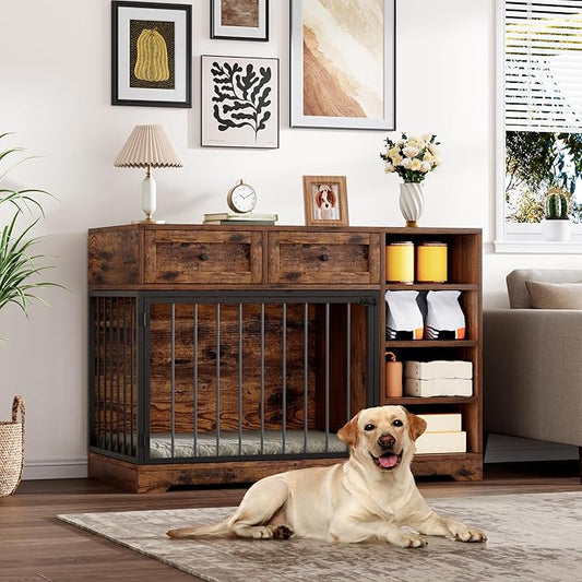 Dog Crate Furniture 47?? Large Dog Crate TV Stand with 2 Drawers and 4 Shelves, Wooden Dog Kennel Indoor, Decorative Dog Cage with Storage for Large Dogs, Brown