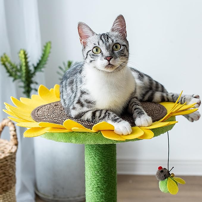 Catry 23" 2-in-1 Replaceable Cat Scratching Post with Convertible Sunflower Scratching Pad or Perch, Quick Assembly, Garden Style, Ideal for Small to Medium Cats