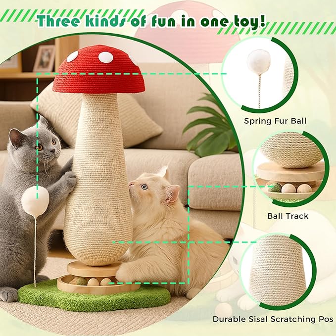 DFQ Mushroom Cat Scratching Post,Scratcher for Indoor Adults Cats, Kitty Tree with Catnip Ball Track Spring Fur Ball,Durable Sisal Toy,Kitten Tower with Durable Solid Wood,25.2''-Red