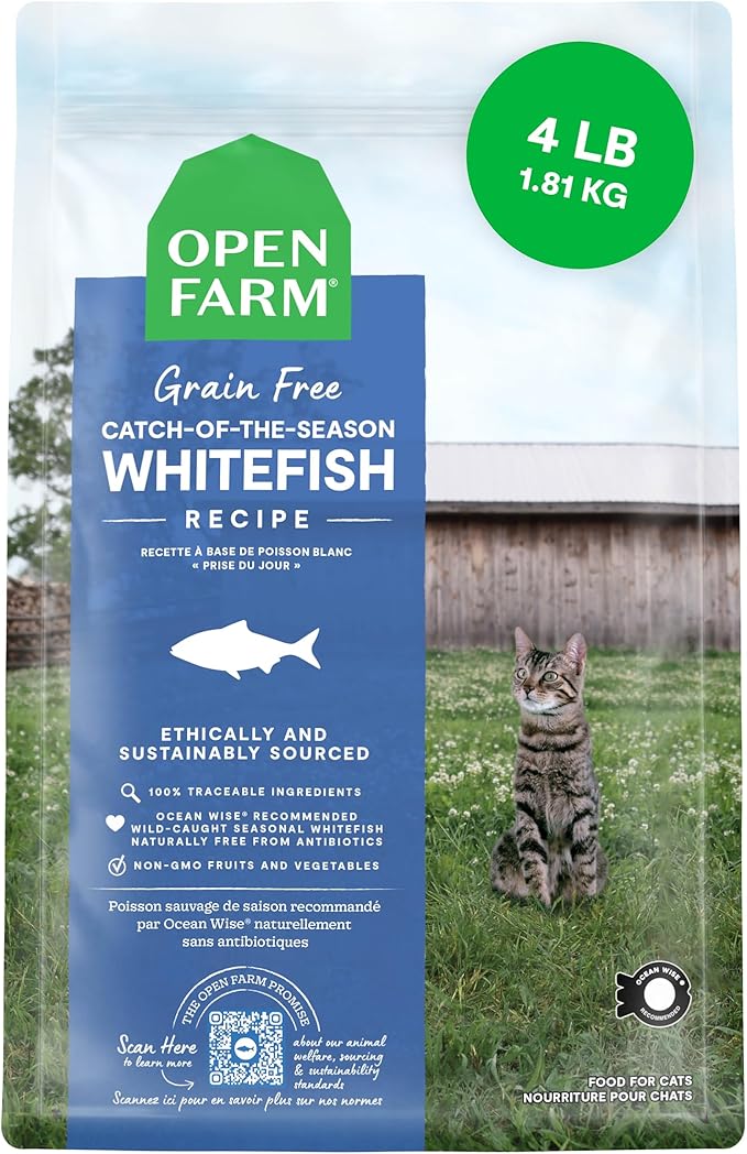 Open Farm, Grain Free Dry Cat Food, High-Protein Kibble for a Complete & Balanced Diet, Non-GMO Fruits & Vegetables, Prebiotic Fibers to Support Digestion, Catch-of-The Season Whitefish, 4lb Bag