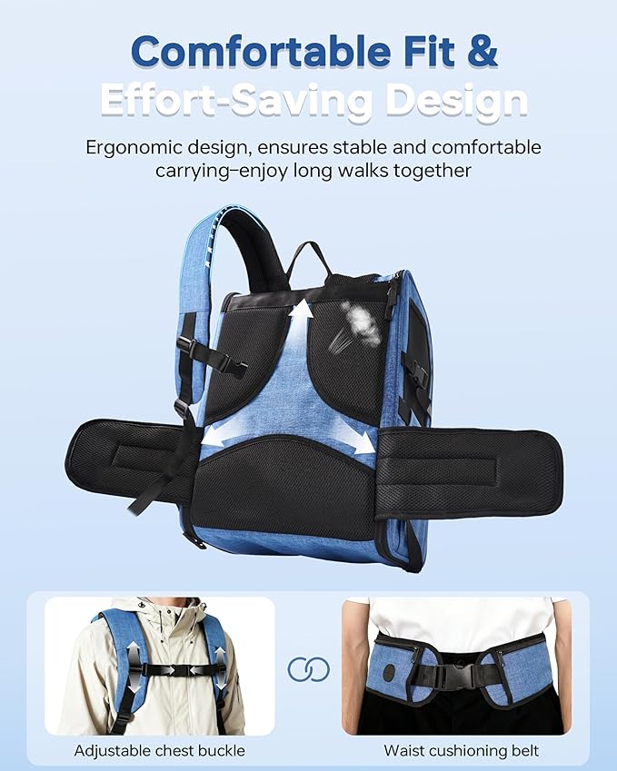 Hiking Dog Carrier Backpack, Padded Height-Enhancing Design, Adjustable Waist Cushioning Belt with Breathable Padded Back Support, Dog Carrier Backpack for Small Dogs Max 13LB Blue with Pad