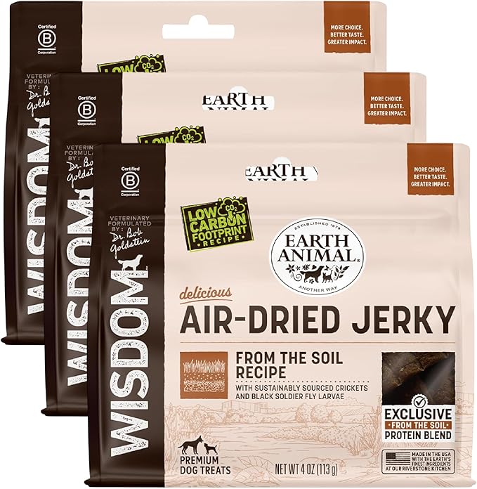 Earth Animal Wisdom Air Dried Jerky - from The Soil Recipe Premium Natural Insect Based Jerky Strips Dog Treats - 3 Pack 4 oz Bag