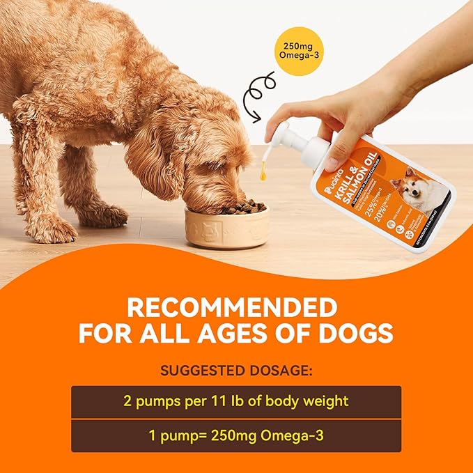Krill and Salmon Oil for Dogs & Cats for Healthy Skin and Coat, 25% Max Omega 3 for Dog Fish Oil Supplement with EPA & DHA, Vitamin A, E for Dry Skin, Itchy & Allergy Skin Relief -8 oz, Liquid