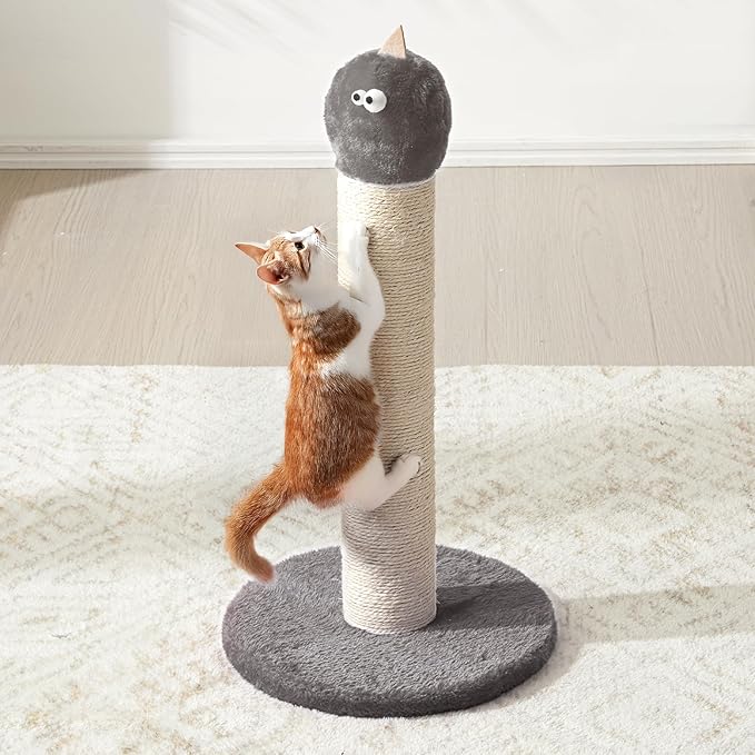 Indoor Cat Scratching Post: 22 in Tall Cat Scratcher with Natural Sisal Rope, Cute Monster Design Kitty Pet Tower with Sturdy Wood Base, Great Gift for Small and Large Kittens, Grey