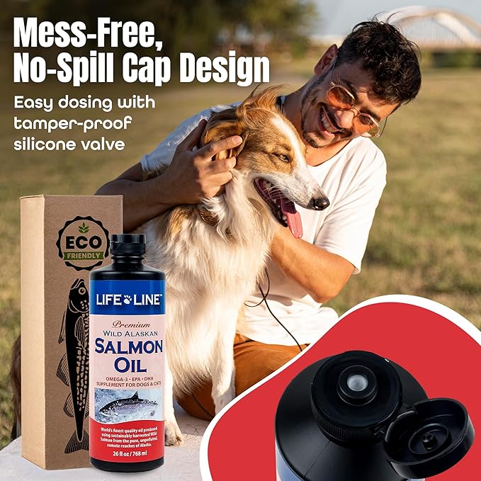 Life Line Wild Alaskan Salmon Oil Omega-3 Supplement for Dogs and Cats | DHA & EPA for Healthy Skin, Coat, Brain & Heart – 26 oz