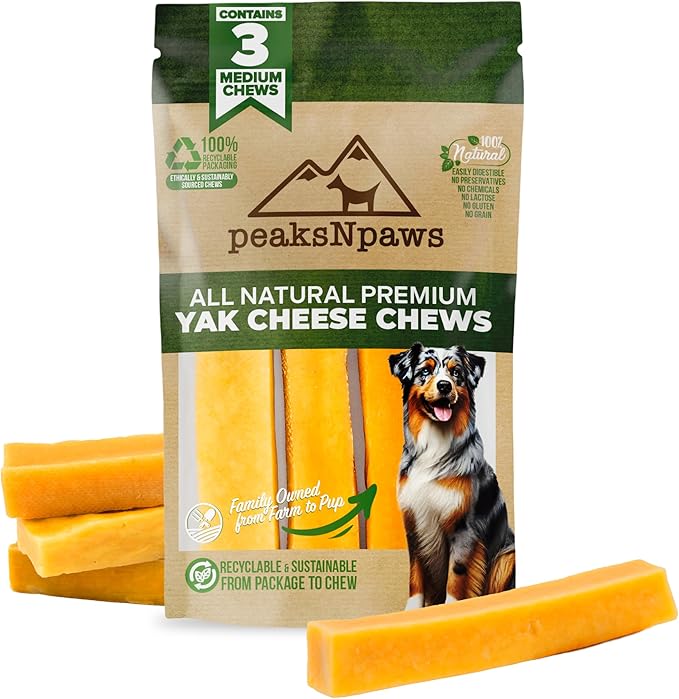 peaksNpaws Yak Cheese, High Protein, Himalayan Dogs Chews, Natural Dog Treats, Lactose Free, Long Lasting Dogs Treat for Aggressive Chewers Under 35 lbs 3 Medium Chew Sticks