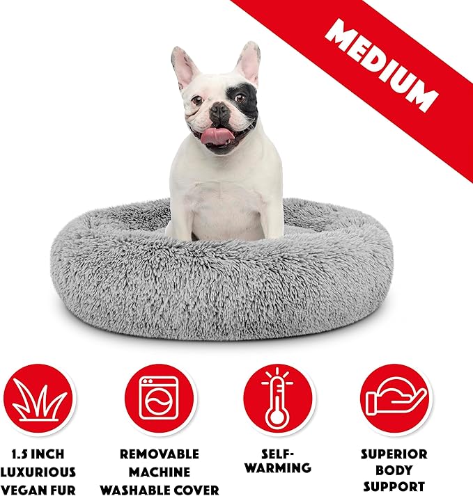 The Dog’s Bed Sound Sleep Donut Dog Bed, Med Silver Grey Fur Calming Nest Bed