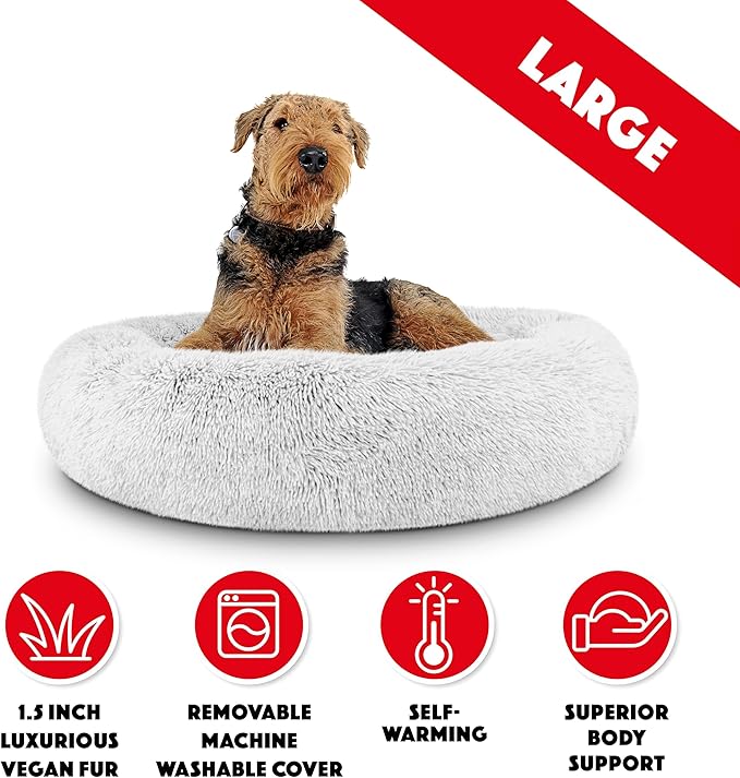 The Dog’s Bed Donut Large Dog Bed, Sound Sleep, Ice White Fur Calming Nest Bed