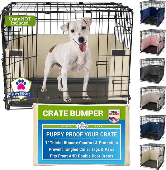 Pet Dreams Dog Crate Bumper - Comfy Liner & Dog Tail Protector for Inside Crate, Fits iCrate Cages 18, 24, 30, 36, 42, 48 Inches (Khaki, Small, 24")