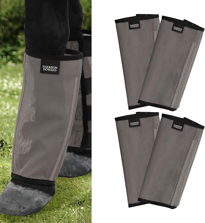 Harrison Howard Loose Fitting Fly Boots UV-Protective Extra Tough Mesh Ventilated Four Fasteners Stay-on Design Protect Horse Legs & Stomp-Reducing Set of 4 Dark Grey Medium
