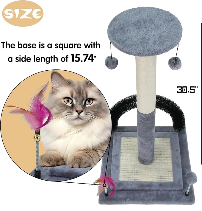 ROYPET Multifunctional Cat Scratching Posts for Indoor Kittens,Cat Scratching Posts for Play and Activity,Scratching Posts with Feather Toys, Hanging Balls and Self-Grooming Brush,Grey