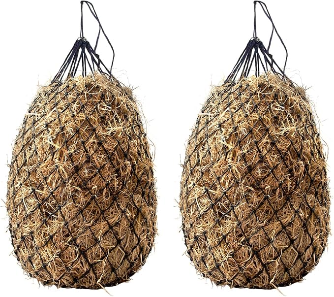 Bloomoak Slow-Feed-Hay-Net for Horses, 40" Hay Net with 2" Hole for Horse and Goat, Handwoven Hay Net, Heavy Duty PE,Easy Fill with Rings（2PCS