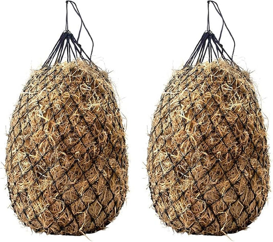 Bloomoak Slow-Feed-Hay-Net for Horses, 40" Hay Net with 2" Hole for Horse and Goat, Handwoven Hay Net, Heavy Duty PE,Easy Fill with Rings（2PCS