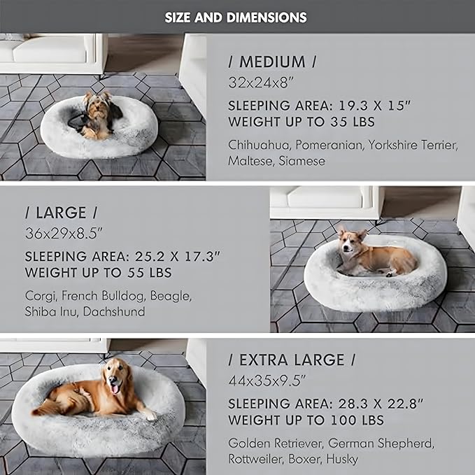 Orthopedic Calming Dog Bed for Large Dogs, Anti Anxiety Pet Beds with Supportive Foam, Removable Washable Oval Pets Couch, Fluffy Cuddle Bolster Cushion, Light Grey