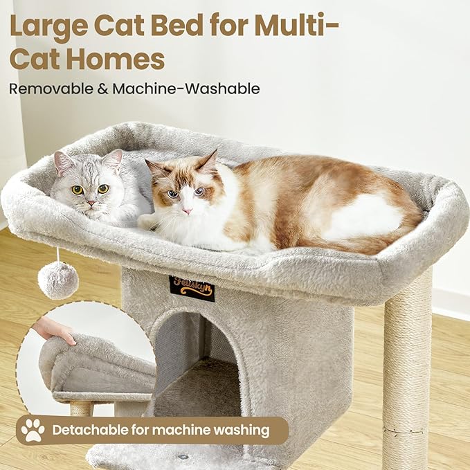 Small Cat Tree Tower for Indoor Large Cats, Cat Scratching Post with Big Perch Bed, 28in Tall Trees House with Condo Cave, Toy Balls, Modern Climbing Furniture Big Platform for Kitten (Light Gray)