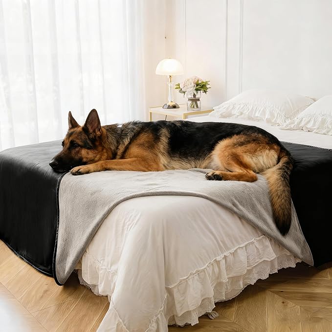 Waterproof Dog Blanket for Bed, Reversible King Size Pet Couch Throw Blankets Leak Proof Sofa Protector for Furniture Machine Washable-82x108,Black+Lightgrey