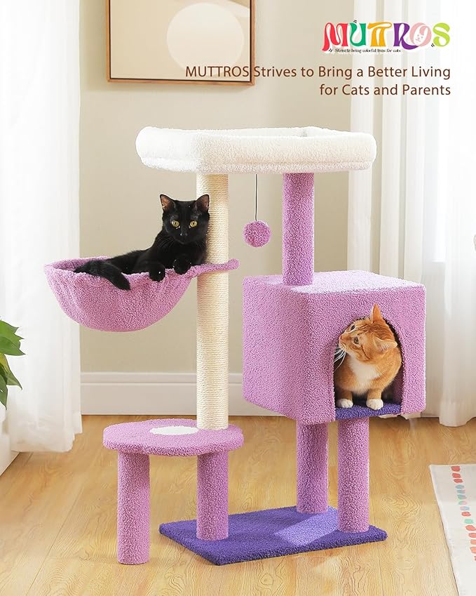 Cute Cat Tree - 35.4" Purple Cat Tower Cat Condo for Indoor Cats w/Removable Cloud Bed, Cozy Metal Frame Hammock, Sisal Scratching Post, and Replaceable Toy Ball, for Small-medium Cats, Purple