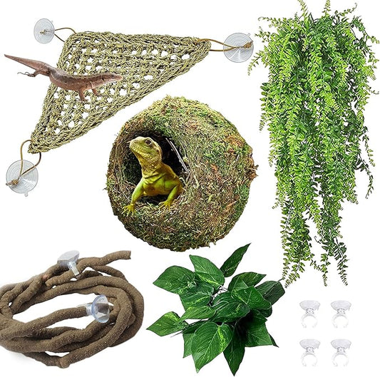 Hamiledyi Reptile Moss Cave Hide,Crested Gecko Habitat Hammock Green Moss Accessories Plastic Terrarium Plant Vines for Small Bearded-Dragon,Snakes,Chameleon Climbing Hibernation Sleeping
