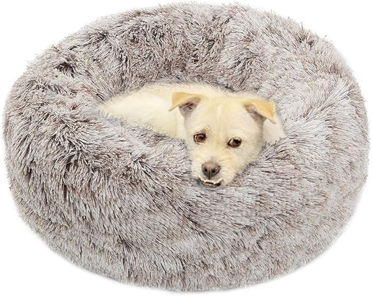 Donut Bed Medium Size Dog, Calming Soft Round Cuddler Dog Beds Fluffy Plush Faux Fur Pet Beds (24", Brown)