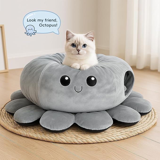 Cat Tunnel Bed for Indoor Cats, Peekaboo Cat Cave Bed,Soft Cat Donut Tunnel for Kitten Large Cats, Cute Grey Octopus Shaped
