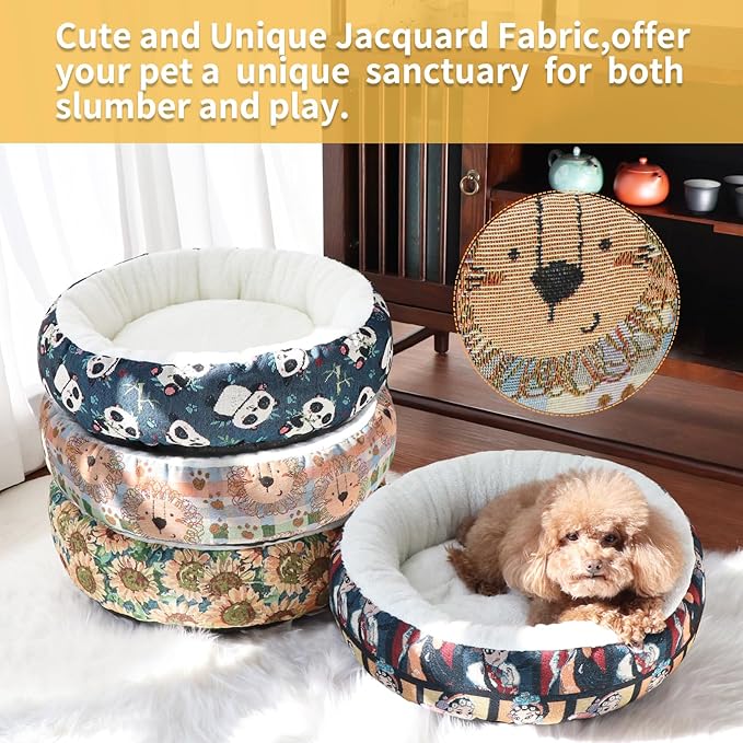 Circular Calming Dog & Cat Bed Anti-Anxiety Washable with Anti Slip Backing Donut Cuddler with Cute Jacquard Patterns for Cat and Small Puppy (Small-23in, Lion)