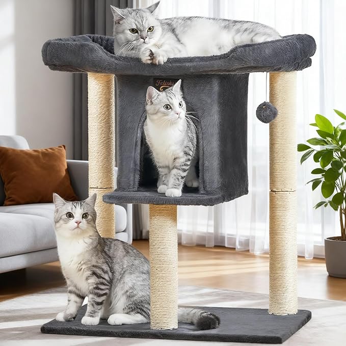 Small Cat Tree Tower for Indoor Large Cats, Cat Scratching Post with Big Perch Bed, 28in Tall Trees House with Condo Cave, Toy Balls, Modern Climbing Furniture Big Platform for Kitten (Dark Gray)