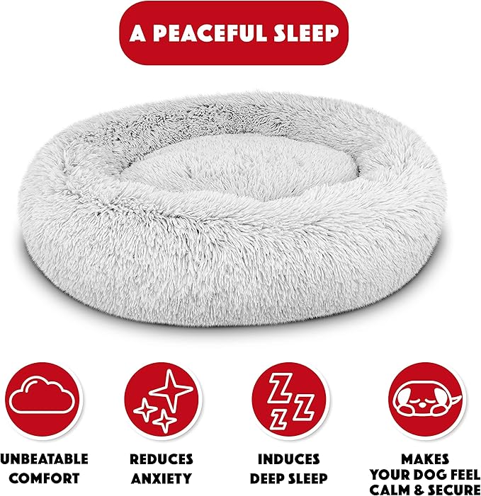 The Dog’s Bed Sound Sleep Donut Dog Bed, Medium Ice White Fur Calming Nest Bed