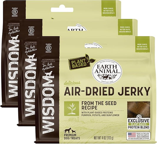 Earth Animal Wisdom Air Dried Jerky - from The Seed Recipe Premium Natural Plant Based Jerky Strips Dog Treats - 3 Pack 4 oz Bag