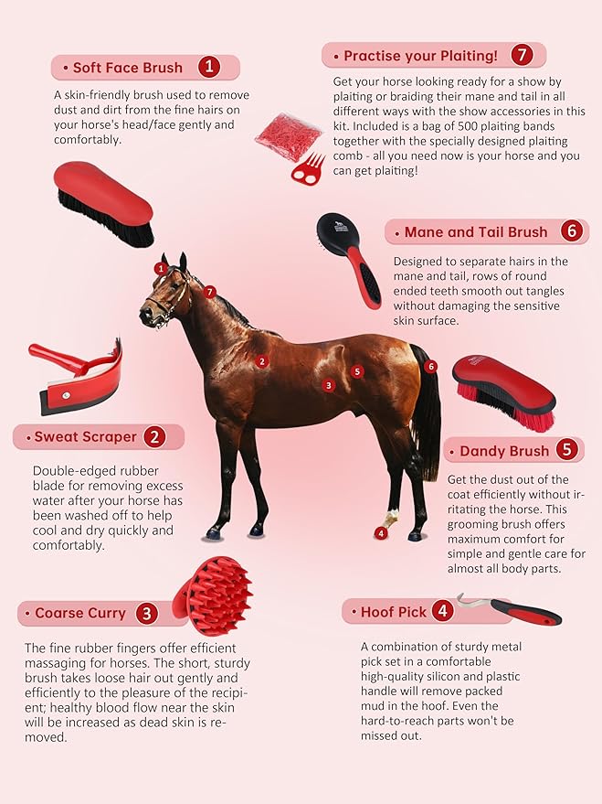 Harrison Howard 7 Pieces Horse Grooming Kit Horse Bathing Supplies Brushes for Grooming with Convenient Organizer Tote Red