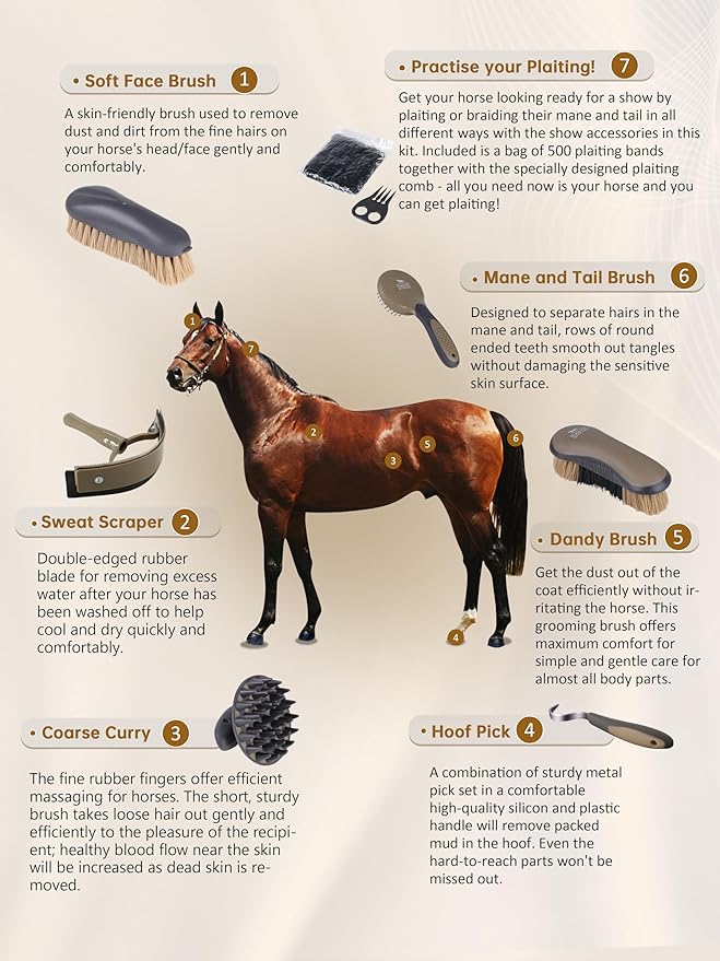 Harrison Howard 7 Pieces Horse Grooming Kit Horse Bathing Supplies Brushes for Grooming with Convenient Organizer Tote Brown