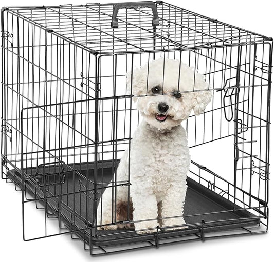 DUMOS 24-Inch Double Door Dog Crate | Durable Metal Pet Kennel with Secure Locks | Foldable & Portable Design for Small Dogs | Black