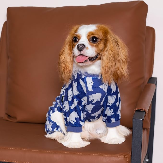 Fitwarm Polar Bear Dog Pajamas, Dog Clothes for Small Dogs Girl Boy, Pet Onesie with Feet, Cat Outfit, Lightweight Velvet, Royal Blue, White, Medium