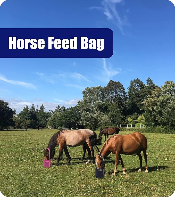 Horse Feed Bag for Grain - Heavy Duty Mesh Horse Feeder with Adjustable Strap,Comfort Neck Pad,Nose Pad Horse Muzzle Feed Bag(Medium,2pink)