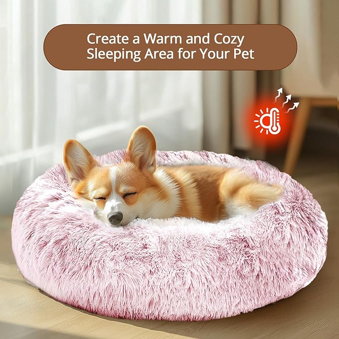 JOLLYVOGUE Large Calming Dog Bed, Anti-Anxiety Donut Cuddler Cat Bed with Anti-Slip Bottom, Fluffy Faux Fur Machine Washable Pet Cushion for Medium Large Dog & Cat, 36"/Smoke Pink