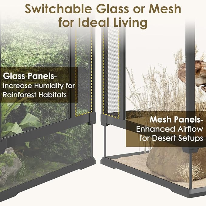 Erinnyees 67 Gallon Reptile Terrarium with Top Screen Ventilation, Snake Habitat with Heating Pad Space, Front Opening Reptile Vivarium with Sliding Cable Outlet for Leopard Geckos, Snakes, Turtles