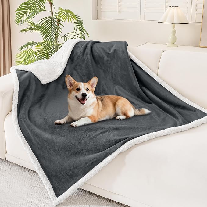 Smiry Waterproof Blanket Throw for Large Dogs, Soft Reversible Dog Blanket for Sofa Couch Bed, Washable Leakproof Sherpa Fleece Furniture Couch Protector(50"x60", Dark Grey/White)