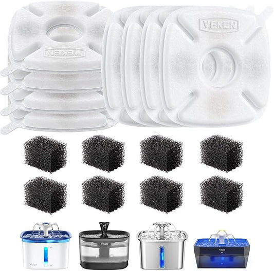 Veken Cat Water Fountain Filter, Classic 8 Pack Replacement Filters & 8 Pack Replacement Pre-Filter Sponges for 50oz, 84oz, 95oz or 108oz Automatic Pet Fountain Dog Water Dispenser