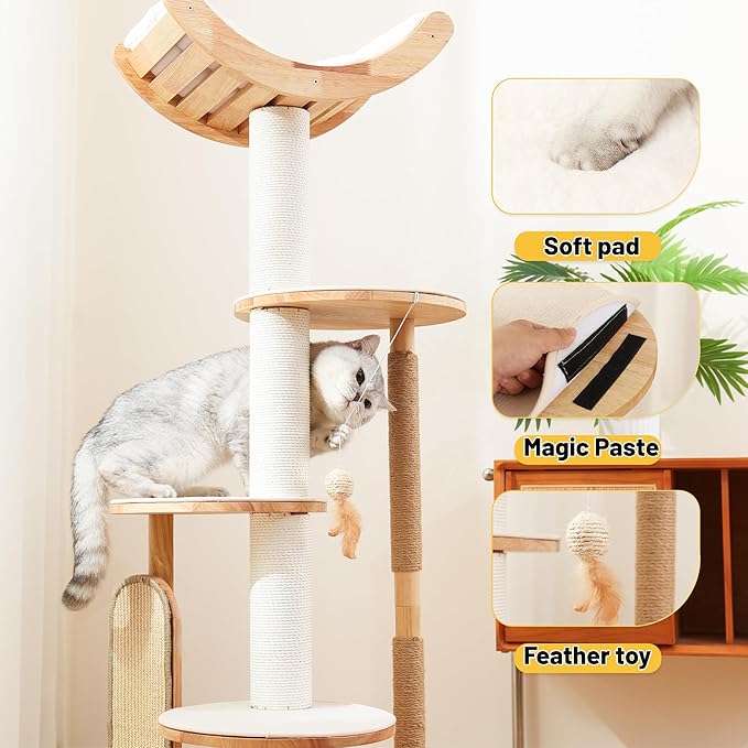 KVIDA Solid Wood Cat Tree 54.7" – Modern Floor Cat Tower for Large & Multiple Cats, Stable Rubber Wood Design with Hammock, Sisal Scratch Posts & Easy-Clean No-Carpet Platforms