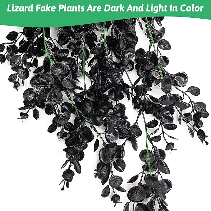 Hamiledyi 6 PCS Reptile Plants, Hanging Terrarium Plants, Artificial Leaves Habitat Decorations with Suction Cup, Fake Amphibian Plants for Bearded Dragon Lizard Hermit Crab Geckos Chameleon(Black)