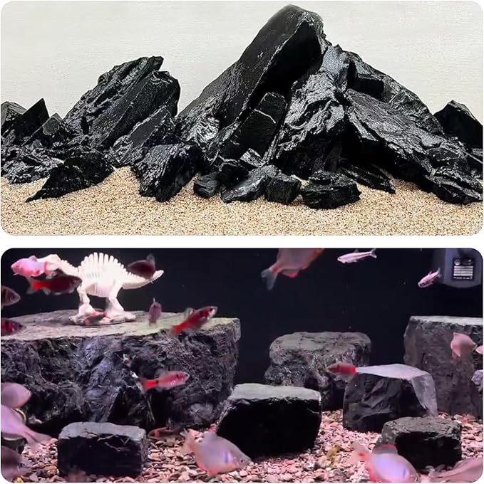 Unocho Aquarium Slate Rocks 10lb Fish Tank Stones Black Rocks for Aquarium Aquascaping Fish Tank Decoration Reptile Basking Platforms Paludarium Bonsai Vivariums(3"-7"-7pcs)
