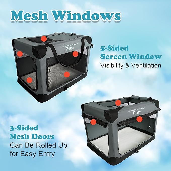 Ashfield & Harkness: Collapsible Soft Dog Crate - 36" - Gray, Sherpa Lined Mat, Durable Mesh Windows, Portable Foldable Pet Kennel, Indoor & Outdoor