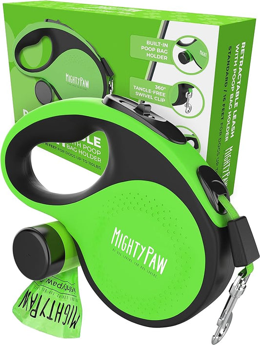 Mighty Paw Retractable Leash with Built-in Poop Bag Holder | 16' Long Retractable Dog Leash for Small Dogs, Medium Breeds & Large Pets with Tape for Quick Control. Poop Bags Included