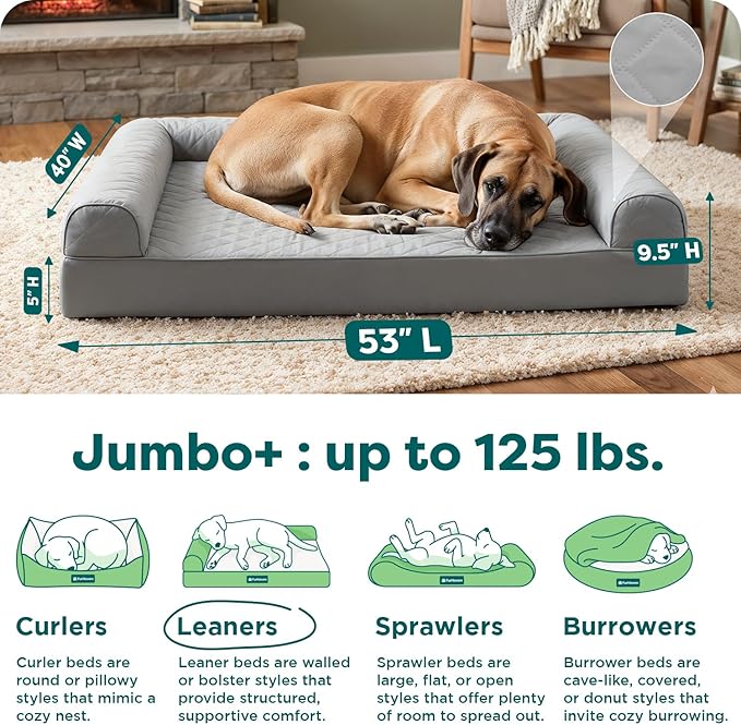 Furhaven Orthopedic Dog Bed for Large Dogs w/ Removable Bolsters & Washable Cover, For Dogs Up to 125 lbs - Quilted Sofa - Silver Gray, Jumbo Plus/XXL