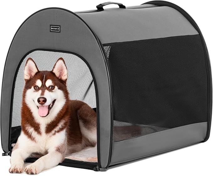 PETSFIT Soft Dog Crate, Dog Crate Travel - 30 Inch Lightweight, Roomy, Easy to Set Up, Sturdy Portable Dog Kennel with Thick Mat, Grey