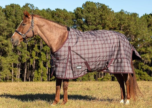 Jeffers Poplar Head 600 Denier Turnout Sheet for Horses, 0g Polyfill, 69"- Waterproof Lightweight Horse Blanket, Adjustable Chest Belly Straps, Tail Flap, Stable Blanket - Espresso and Wine Plaid
