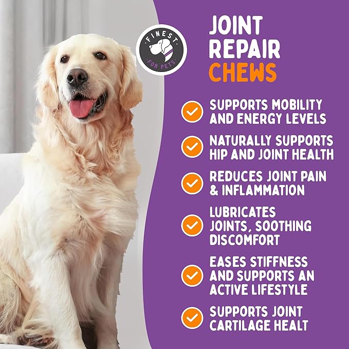 Finest For Pets Joint Repair Hip and Joint Chews for Dogs Glucosamine, Chondroitin, MSM, Omega 3 & Turmeric for Dog Joint Support, Mobility & Pain Relief - (120 Chicken Flavored Chews, Made in USA)
