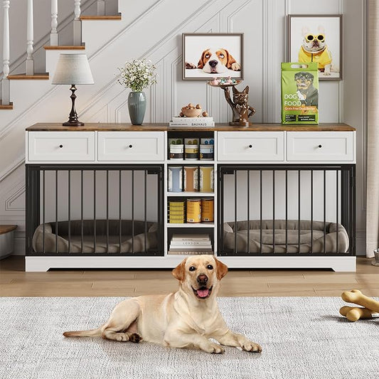 82??Double Dog Crate Furniture, Large Dog Kennel Indoor for 2 Dogs, Heavy Duty Wooden Dog Crate TV Stand with 4 Drawers and Shelves, White