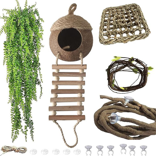 Lizard Coco Den with Ladder,5PCS Leopard Gecko Tank Accessories Reptile Terrarium Plants Hammock Coconut Hut Hide Hanging Reptile Decor for Crested Gecko,Baby Bearded Dragon,Chameleon,Snake