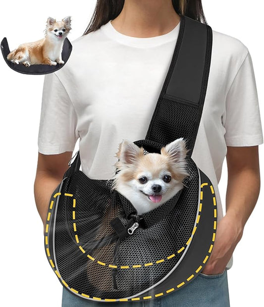 Detachable Hard Bottom Dog Sling for Small Dogs & Cats Up to 10 lbs- Upgraded Breathable Mesh, Adjustable Strap & Large Pocket - Hands-Free Pet Carrier for Travel Walking Hiking (Black Size M)